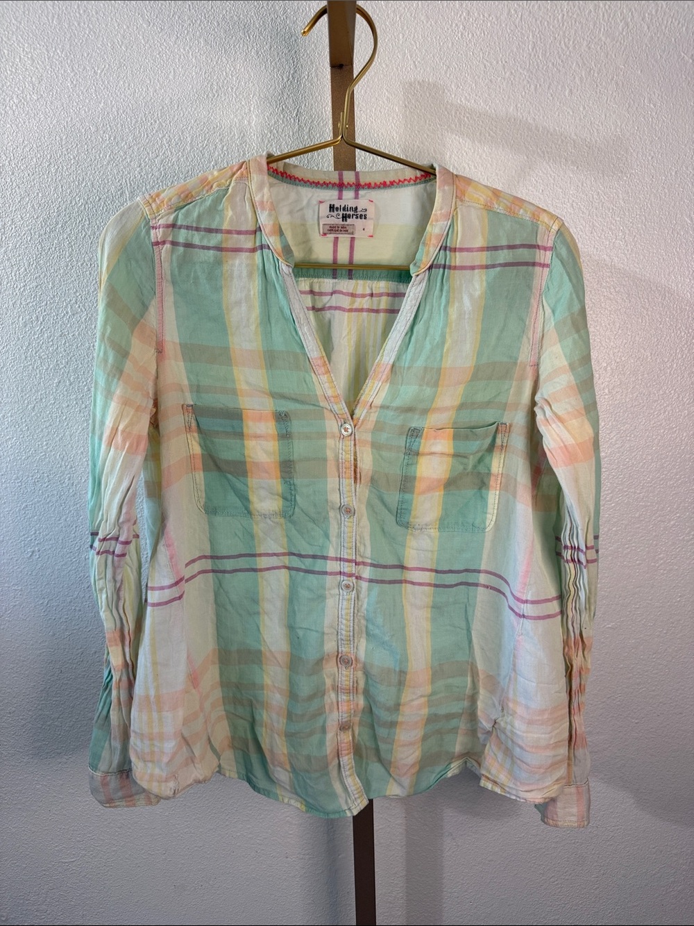 HOLDING HORSES Pastel Plaid Button-Down Shirt - Mint, Peach & Cream- Size 4